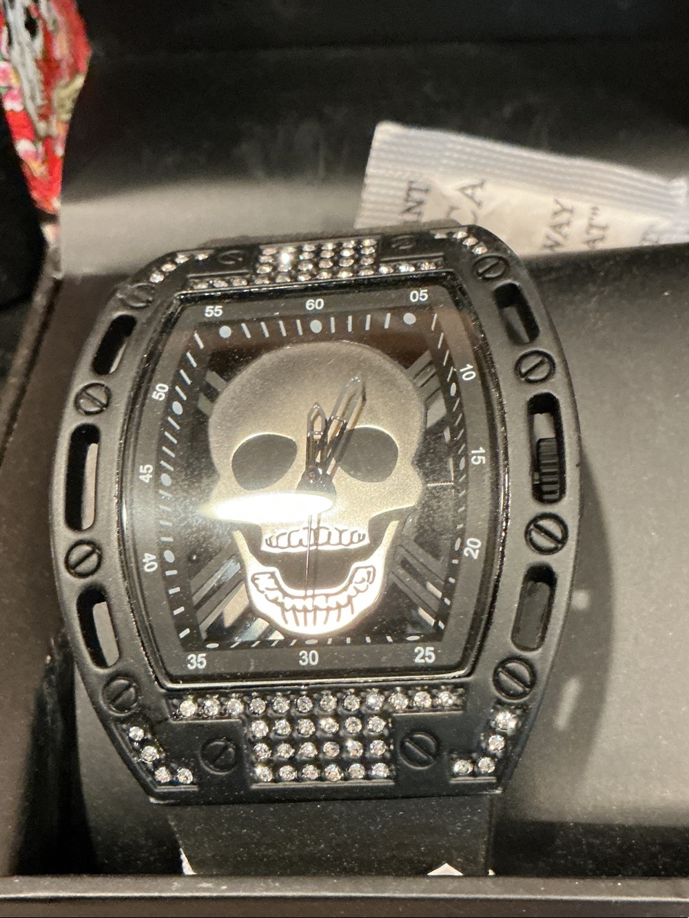 Ed Hardy Black Skull Dial Men's Watch with Crystal Accents
